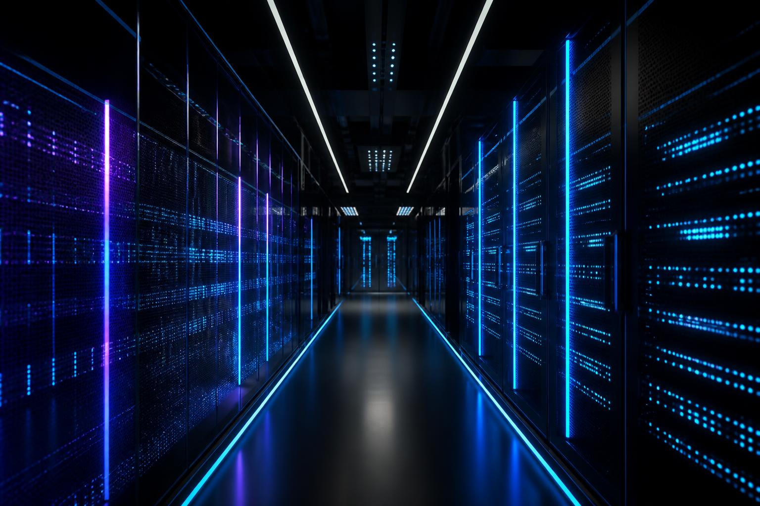 Pasillo de un centro de datos de Fesnorix con iluminación tecnológica